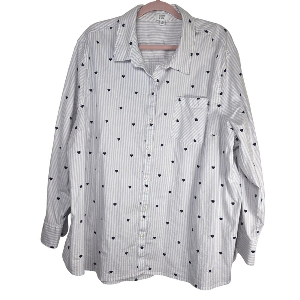 Crown & Ivy Blue & White Striped Embroidered Button Front Blouse Size 4x